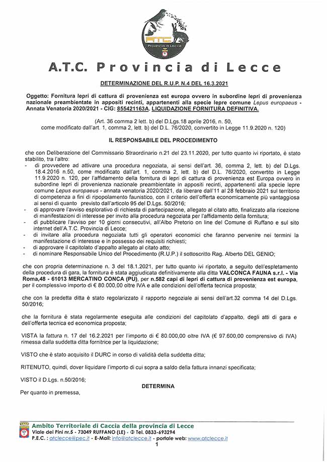 A T C Provincia Di Lecce Ambito Territoriale Di Caccia Bandi